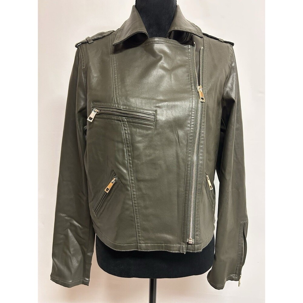 White House Black Market Women Sz M Green Coated Moto Jacket NWT